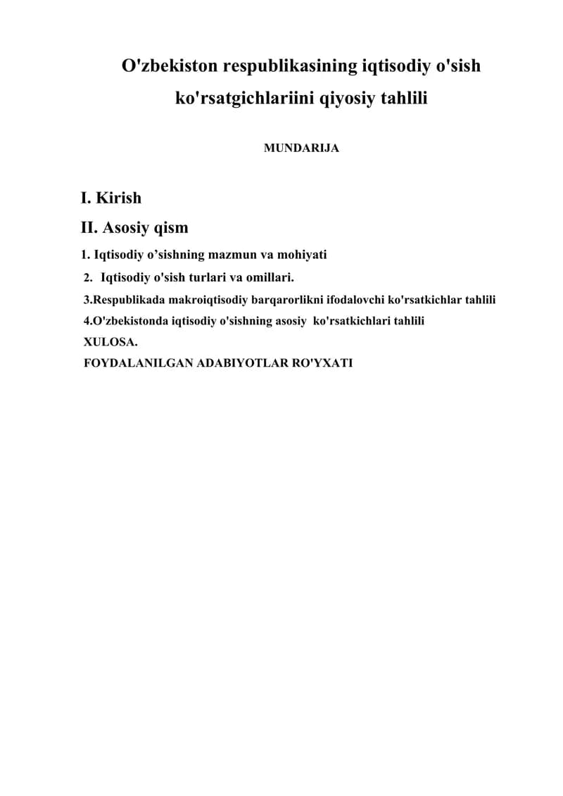 O'zbekiston respublikasining iqtisodiy o'sish ko'rsatgichlariini qiyosiy tahlili