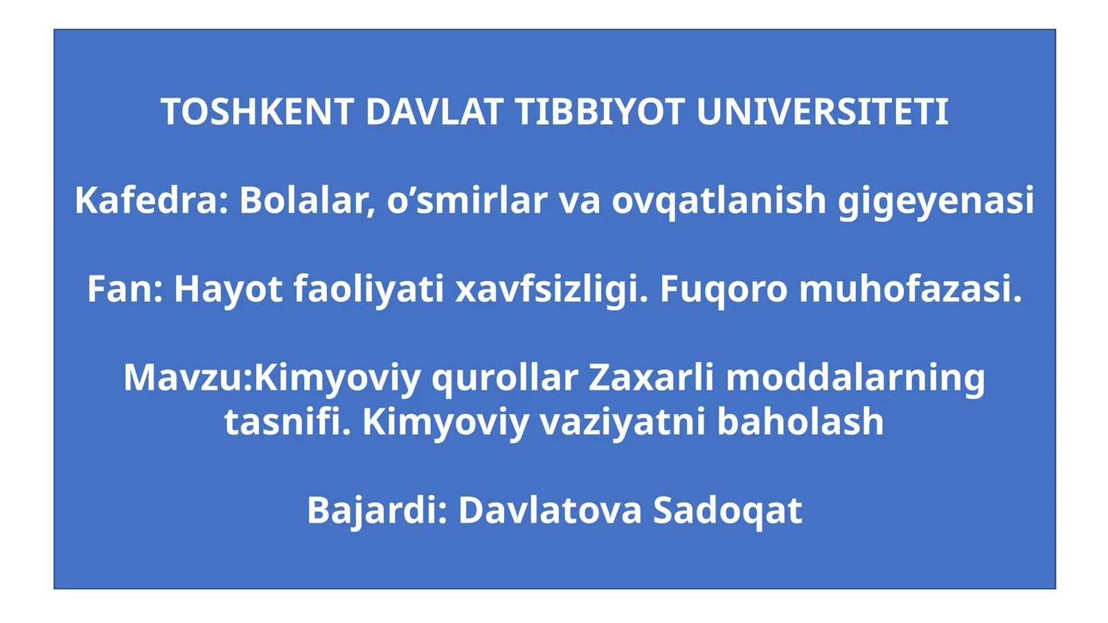 Kimyoviy qurollar Zaxarlimoddalarning tasnifi. Kimyoviy vaziyatnibaholash