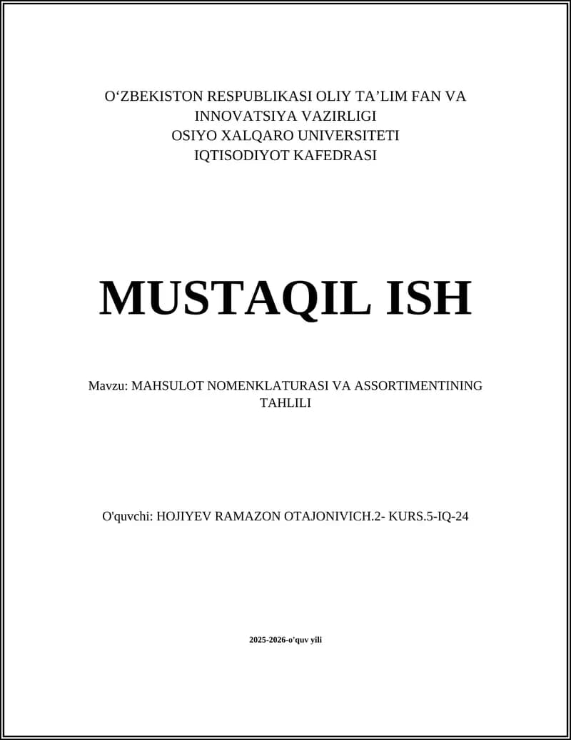 MAHSULOT NOMENKLATURASI VA ASSORTIMENTINING TAHLILI
