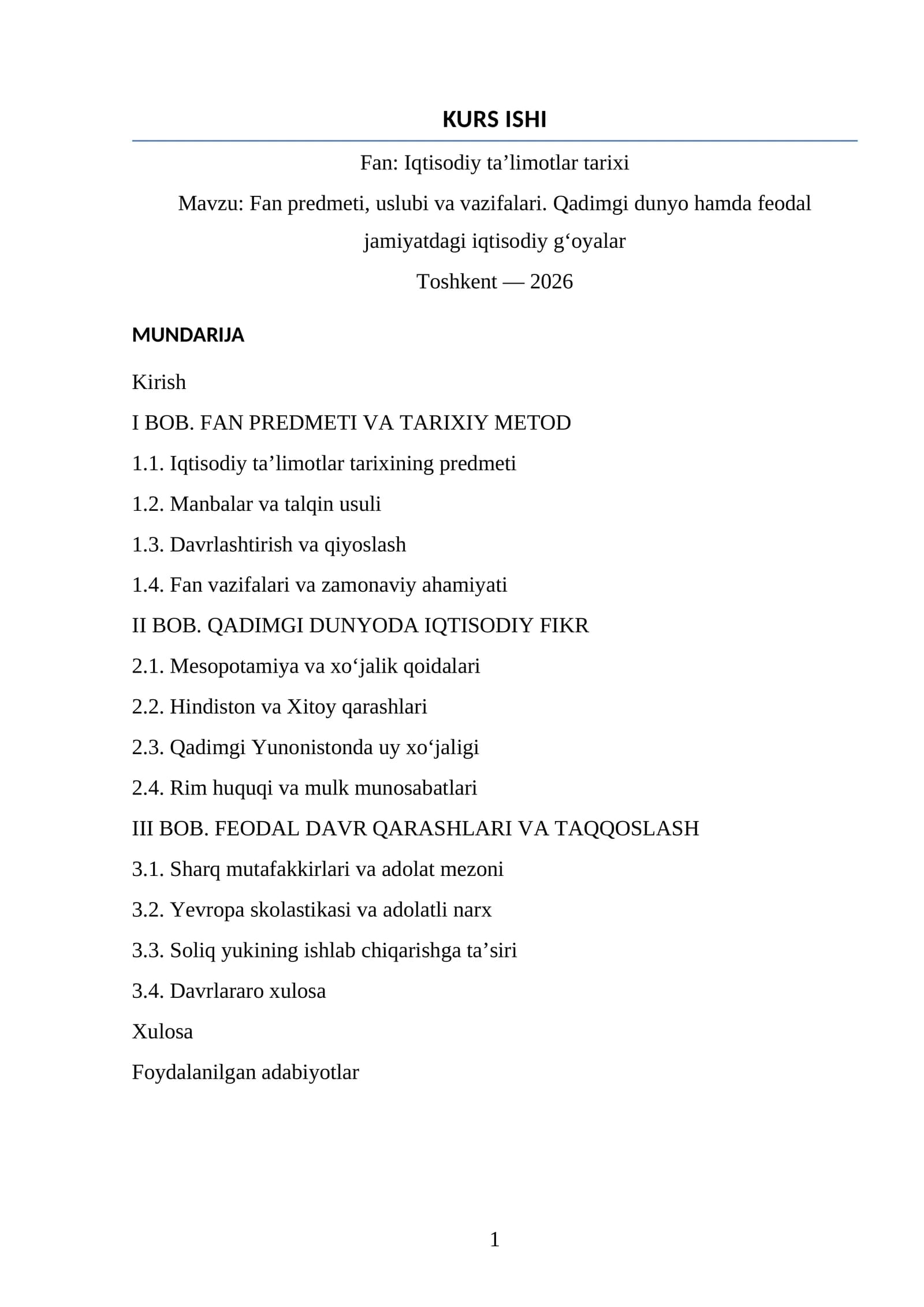 Fan: Iqtisodiy ta’limotlar tarixi