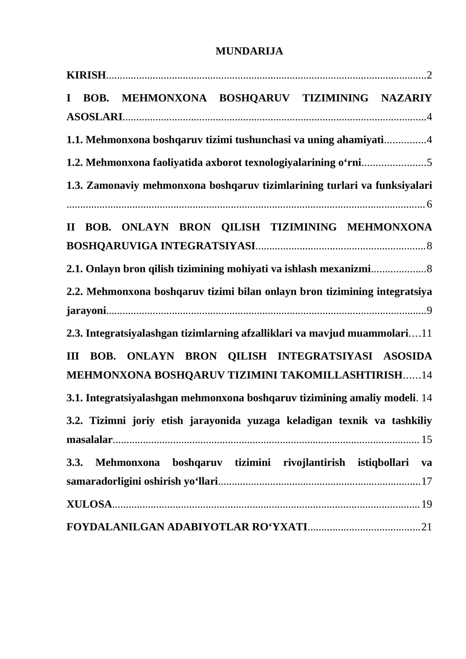 ONLAYN BRON QILISH TIZIMINING MEHMONXONA BOSHQARUVIGA INTEGRATSIYASI