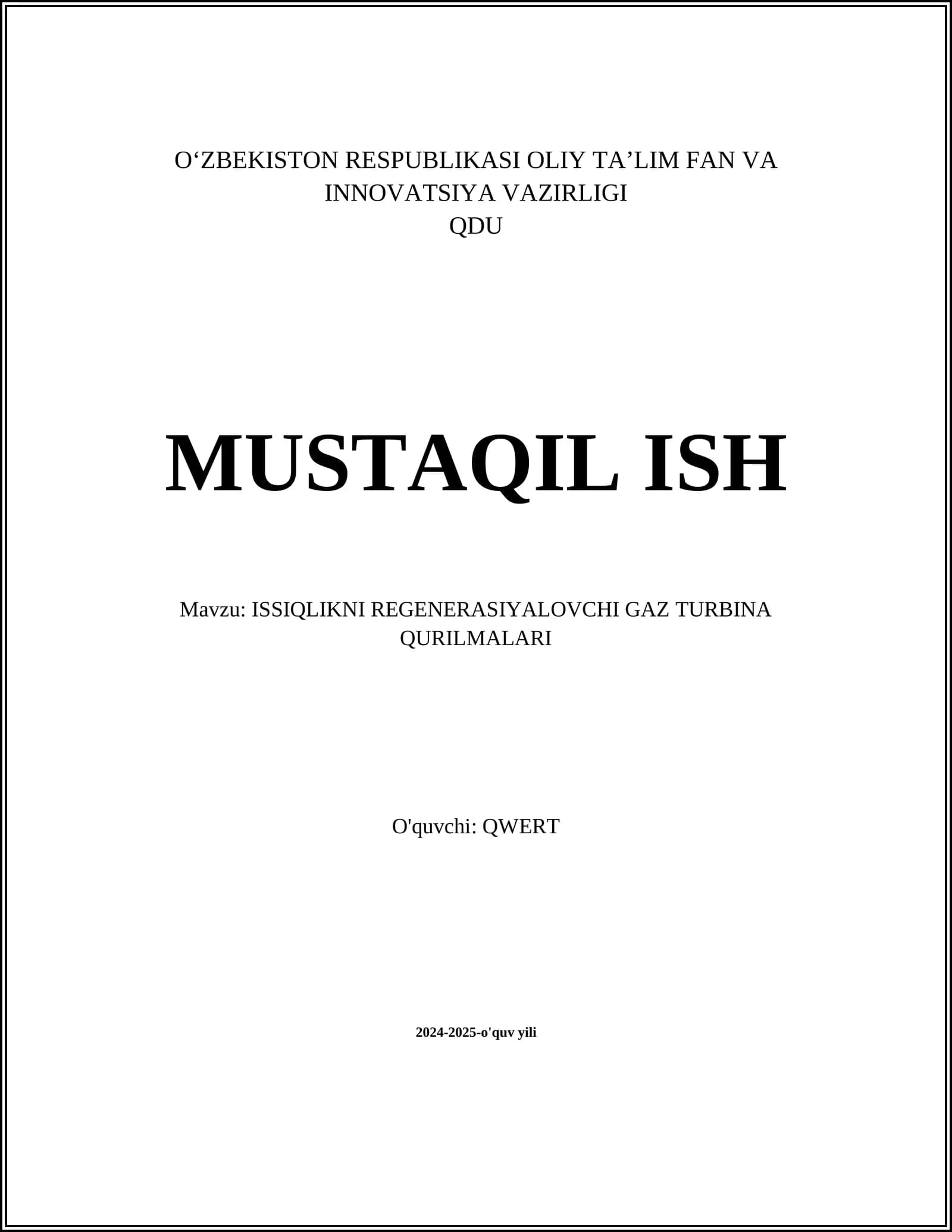 ISSIQLIKNI REGENERASIYALOVCHI GAZ TURBINA QURILMALARI
