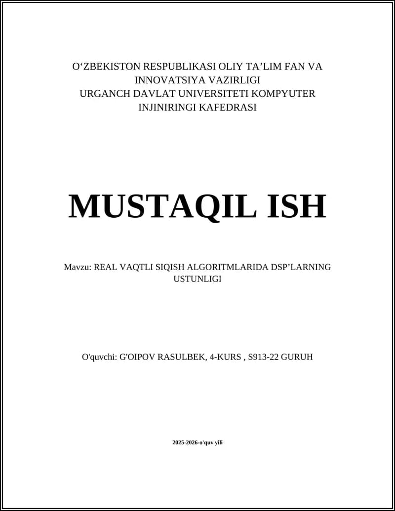 REAL VAQTLI SIQISH ALGORITMLARIDA DSP'LARNING USTUNLIGI