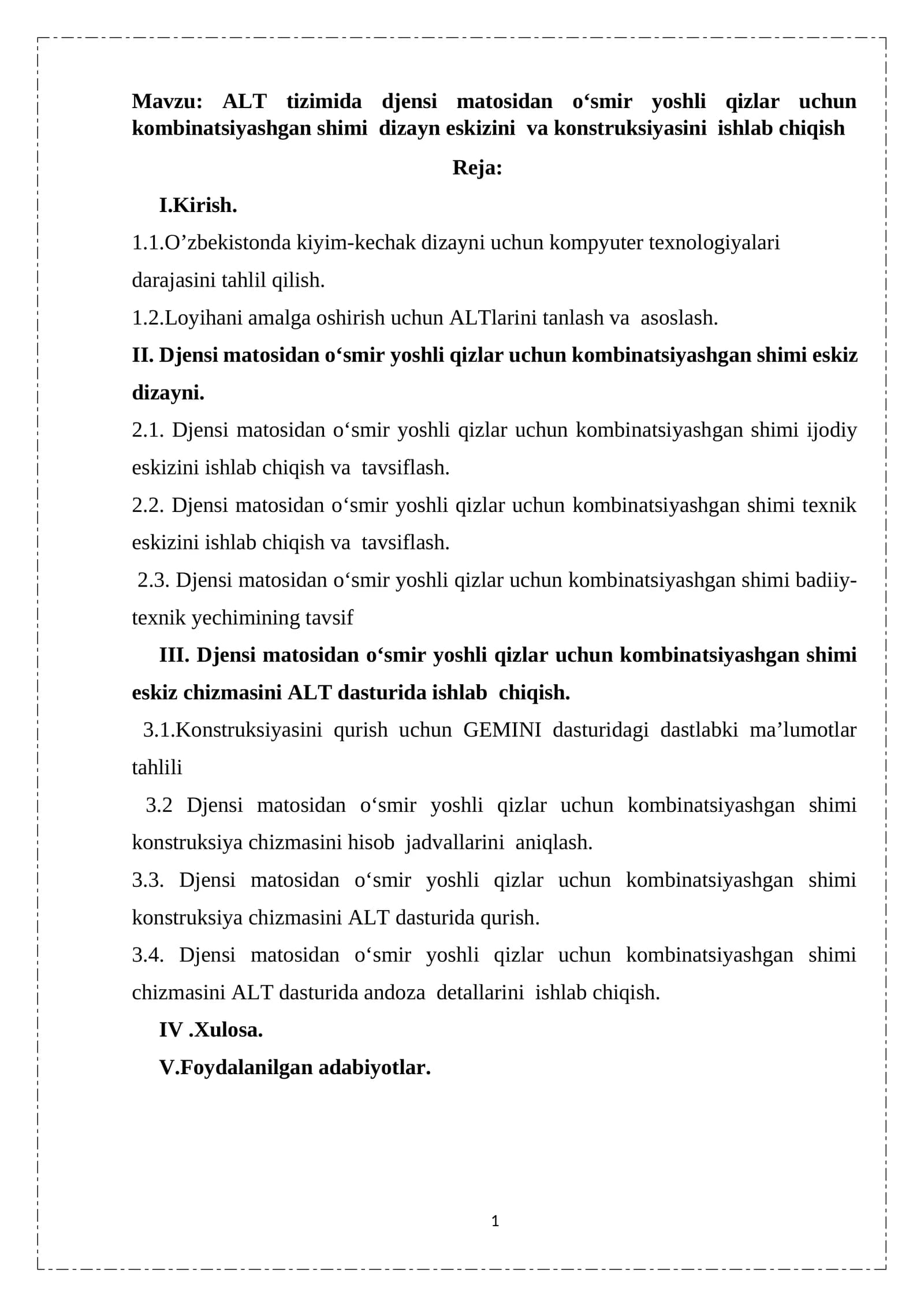 ALT tizimida djensi matosidan o‘smir yoshli qizlar uchun kombinatsiyashgan shimi  dizayn eskizini  va konstruksiyasini  ishlab chiqish