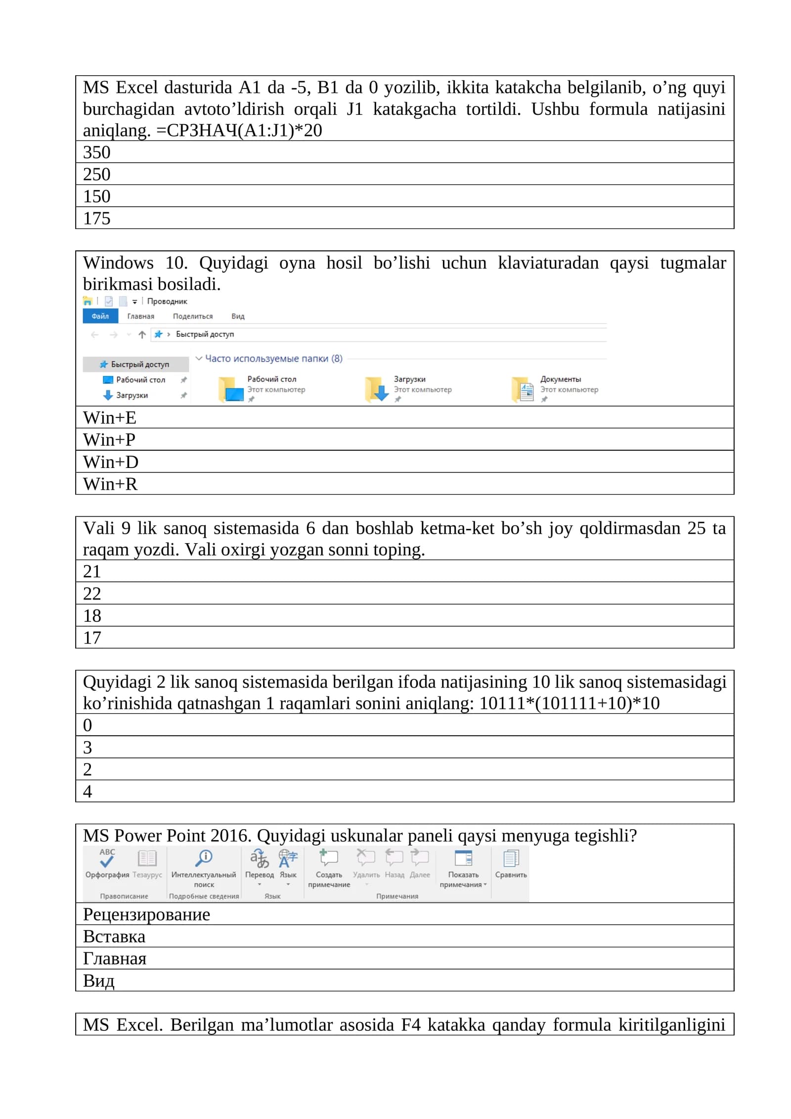 Attestatsiya testlari informatika