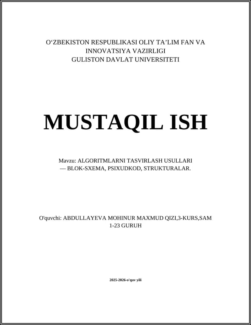 ALGORITMLARNI TASVIRLASH USULLARI