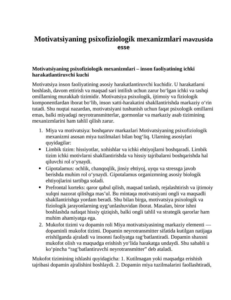 Motivatsiyaning psixofiziologik mexanizmlari mavzusida esse