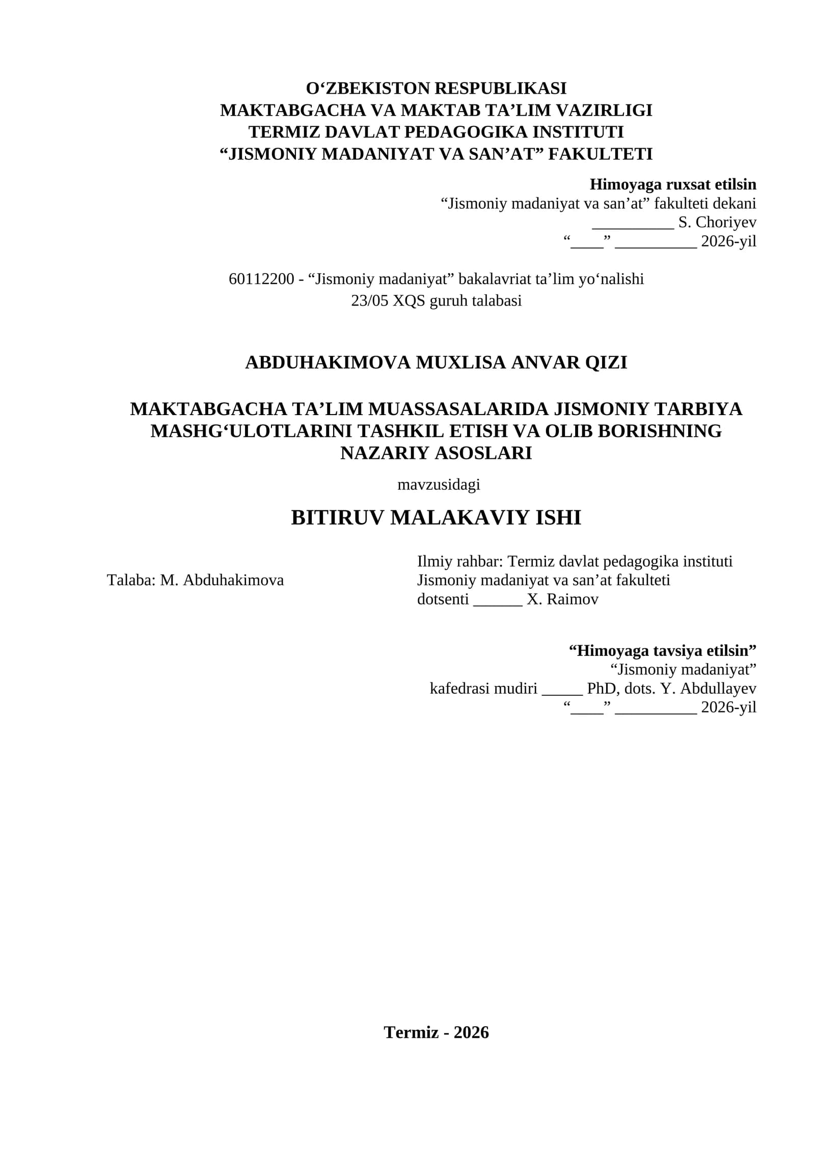 MAKTABGACHA TA’LIM MUASSASALARIDA JISMONIY TARBIYA MASHG‘ULOTLARINI TASHKIL ETISH VA OLIB BORISHNING NAZARIY ASOSLARI