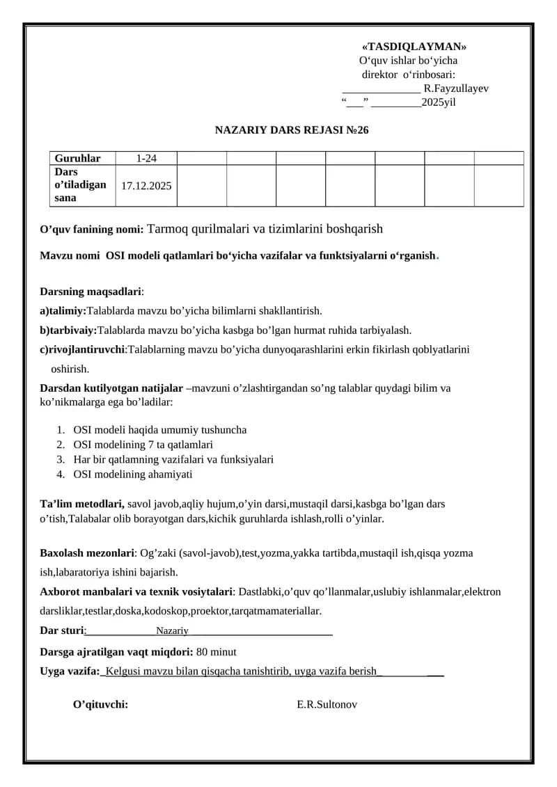 OSI modeli qatlamlari bo‘yicha vazifalar va funktsiyalarni o‘rganish