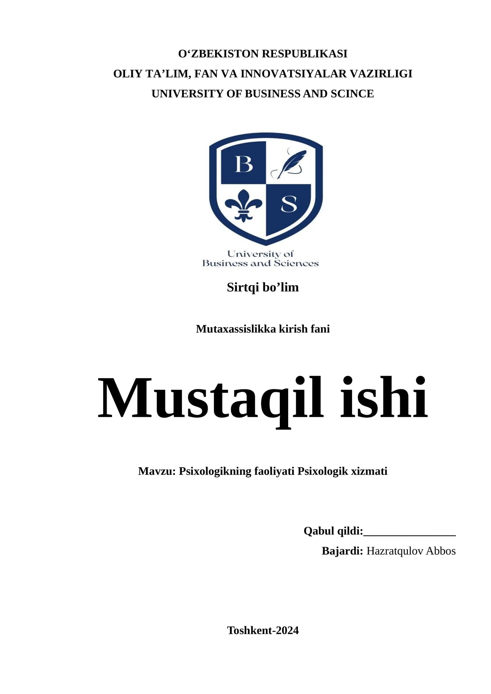 Motaxassislikka kirish fani