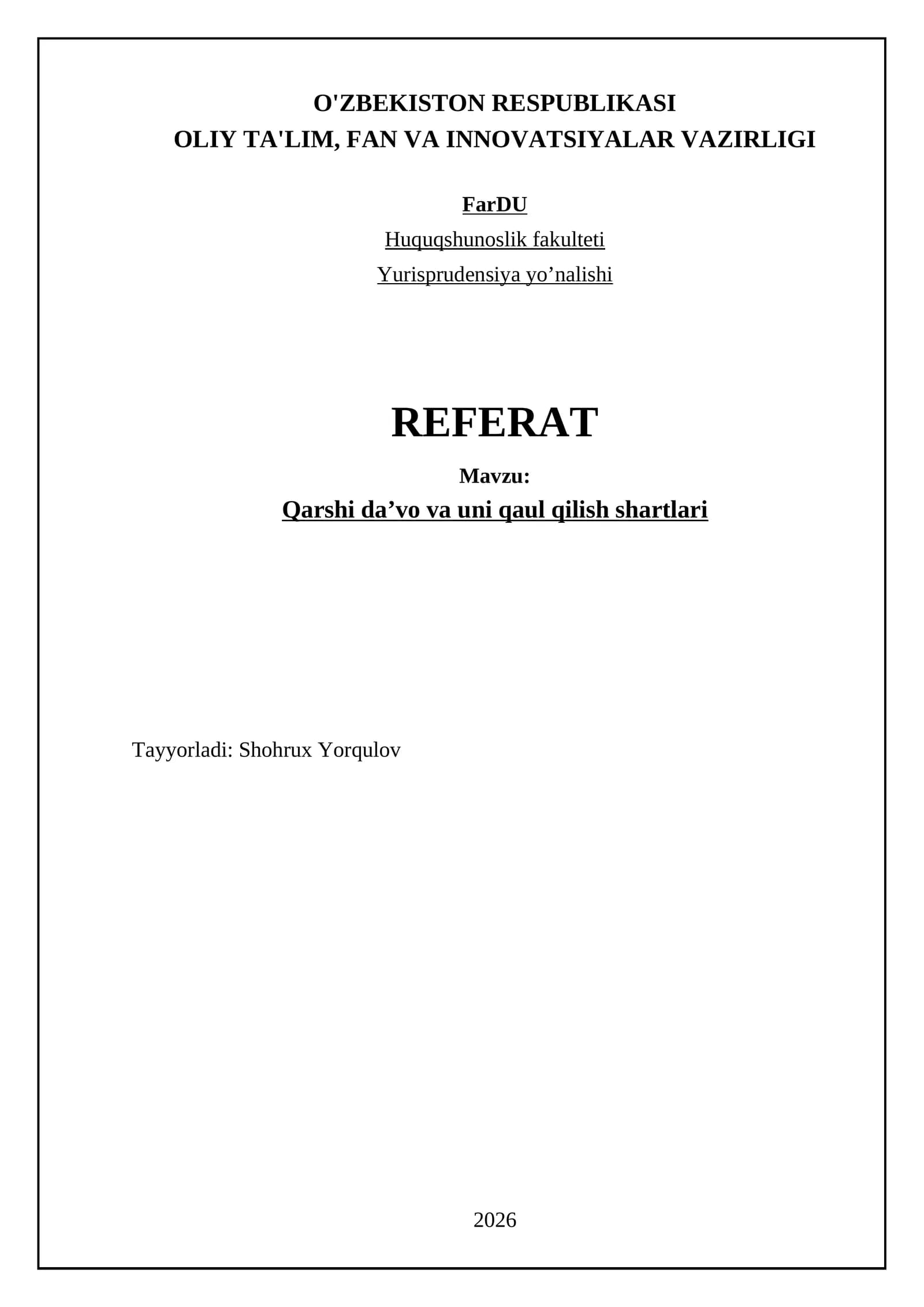 Qarshi da'vosi va uni qabul qilish shartlari