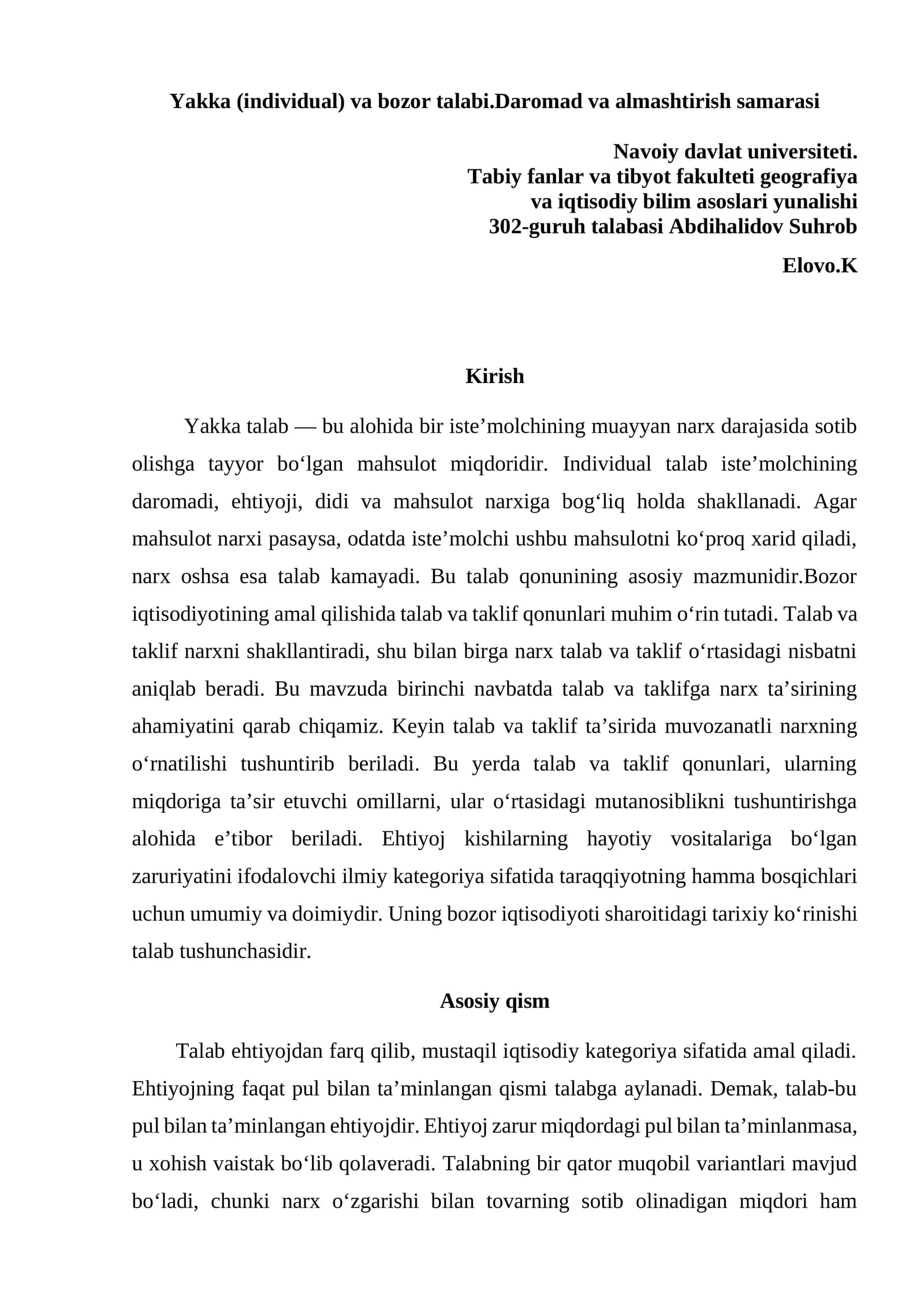Yakka (individual) va bozor talabi.Daromad va almashtirish samarasi