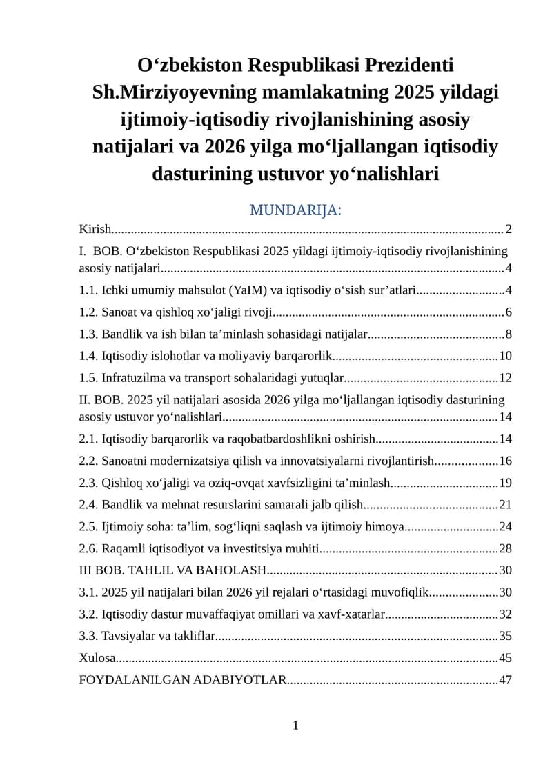 Mavzu II. BOB. 2025 yil natijalari asosida 2026 yilga mo‘ljallangan iqtisodiy dasturining asosiy ustuvor yo‘nalishlari