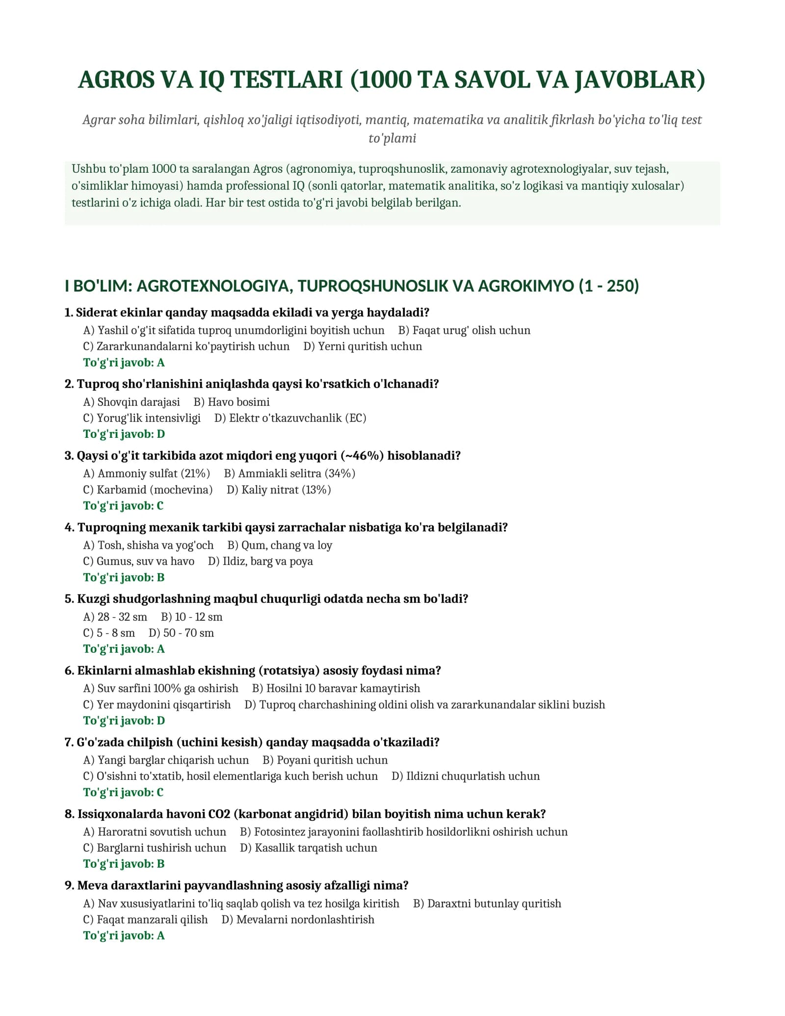 AGROS VA IQ TESTLARI (1000 TA SAVOL VA JAVOBLAR)