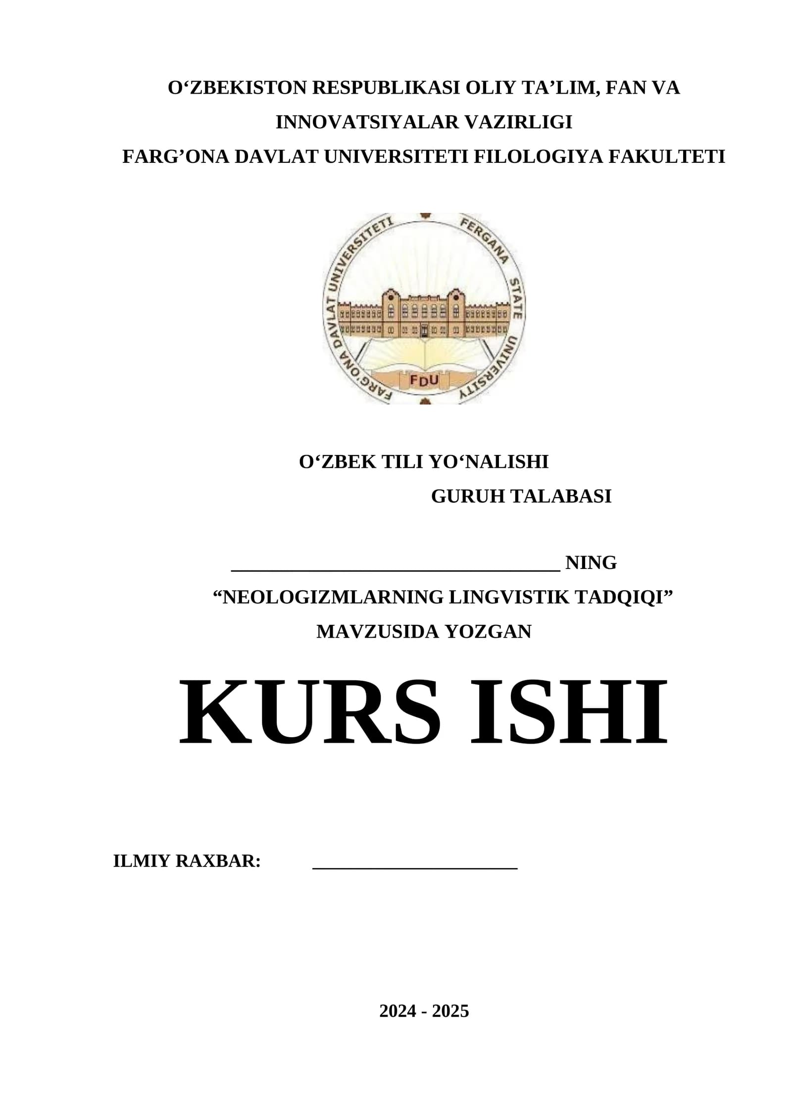“NEOLOGIZMLARNING LINGVISTIK TADQIQI” MAVZUSIDA YOZGAN KURS ISHI