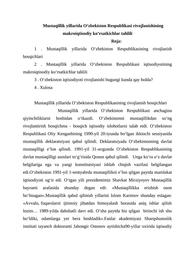 Mustaqillik yillarida Oʻzbekiston Respublikasi rivojlanishining makroiqtisodiy koʻrsatkichlar tahlili