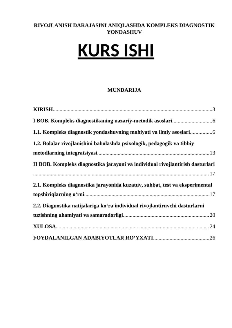 Kompleks Diagnostik Yondashuv Kurs Ishi