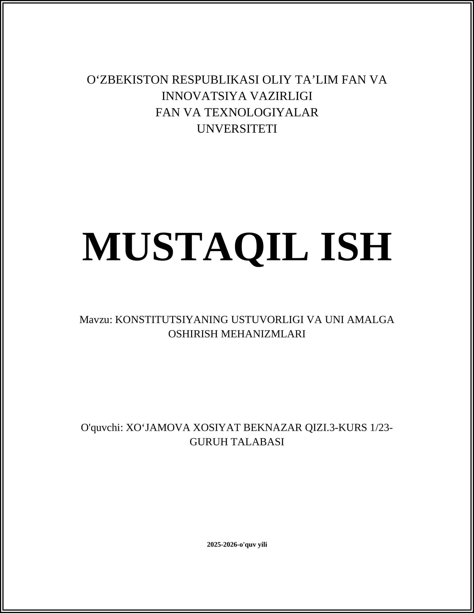 KONSTITUTSIYANING USTUVORLIGI VA UNI AMALGA OSHIRISH MEHANIZMLARI