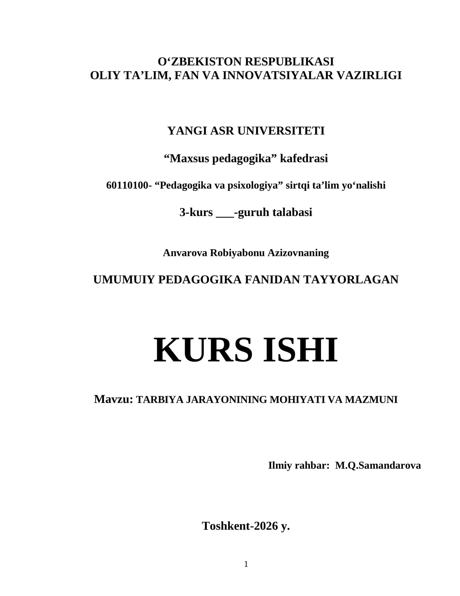 UMUMUIY PEDAGOGIKA FANIDAN TAYYORLAGAN KURS ISHI