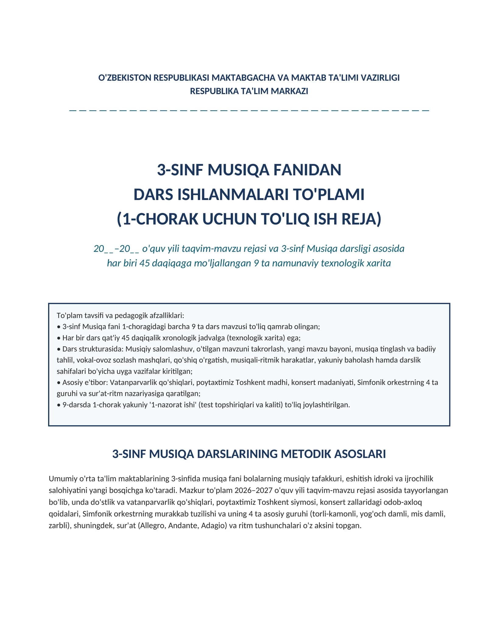 3-sinf Musiqa fanidan 1-chorak Dars ishlanmalari to'plami