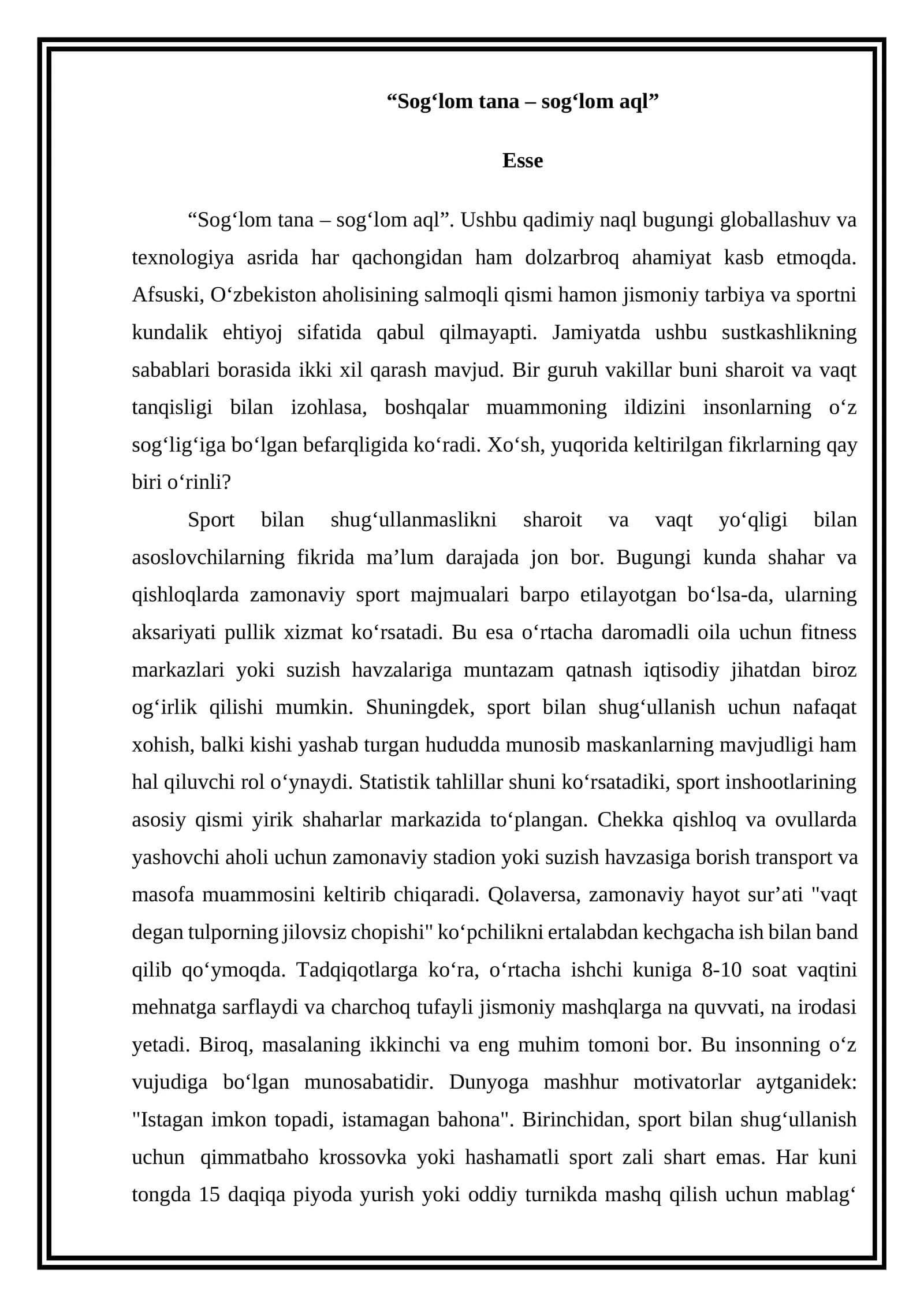 Sog‘lom tana – sog‘lom aql