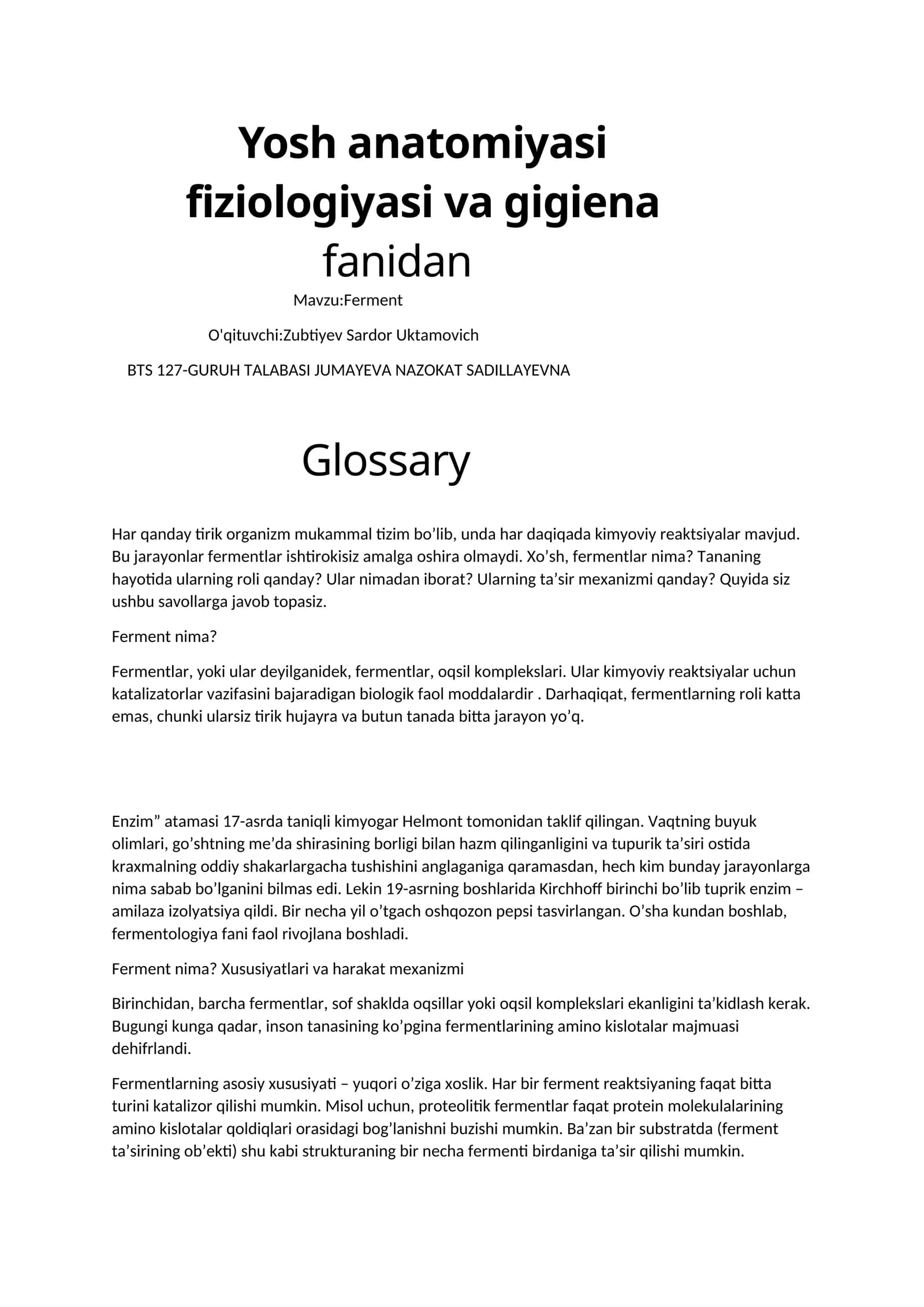 Yosh anatomiyasi, fiziologiyasi va gigiena fanidan