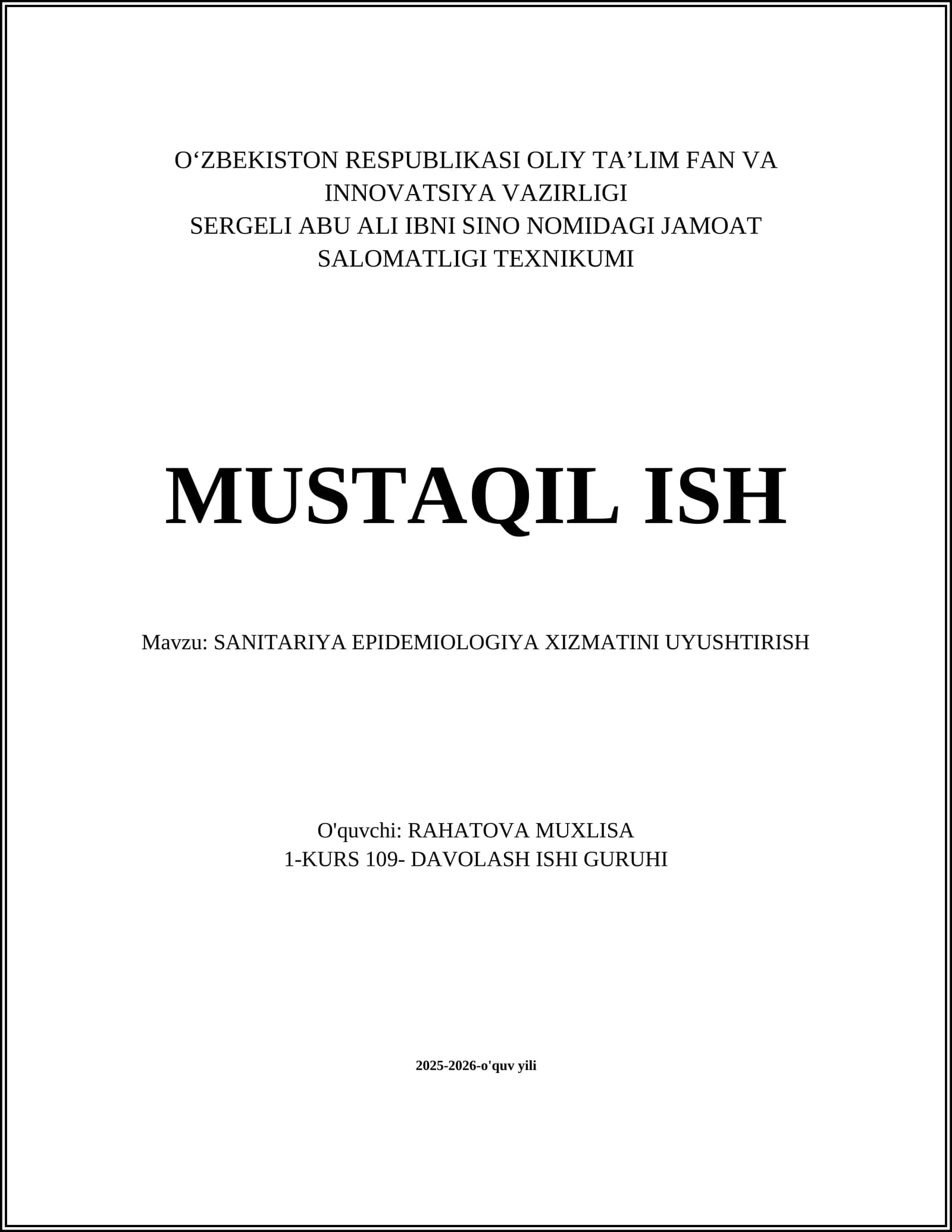 SANITARIYA EPIDEMIOLOGIYA XIZMATINI UYUSHTIRISH