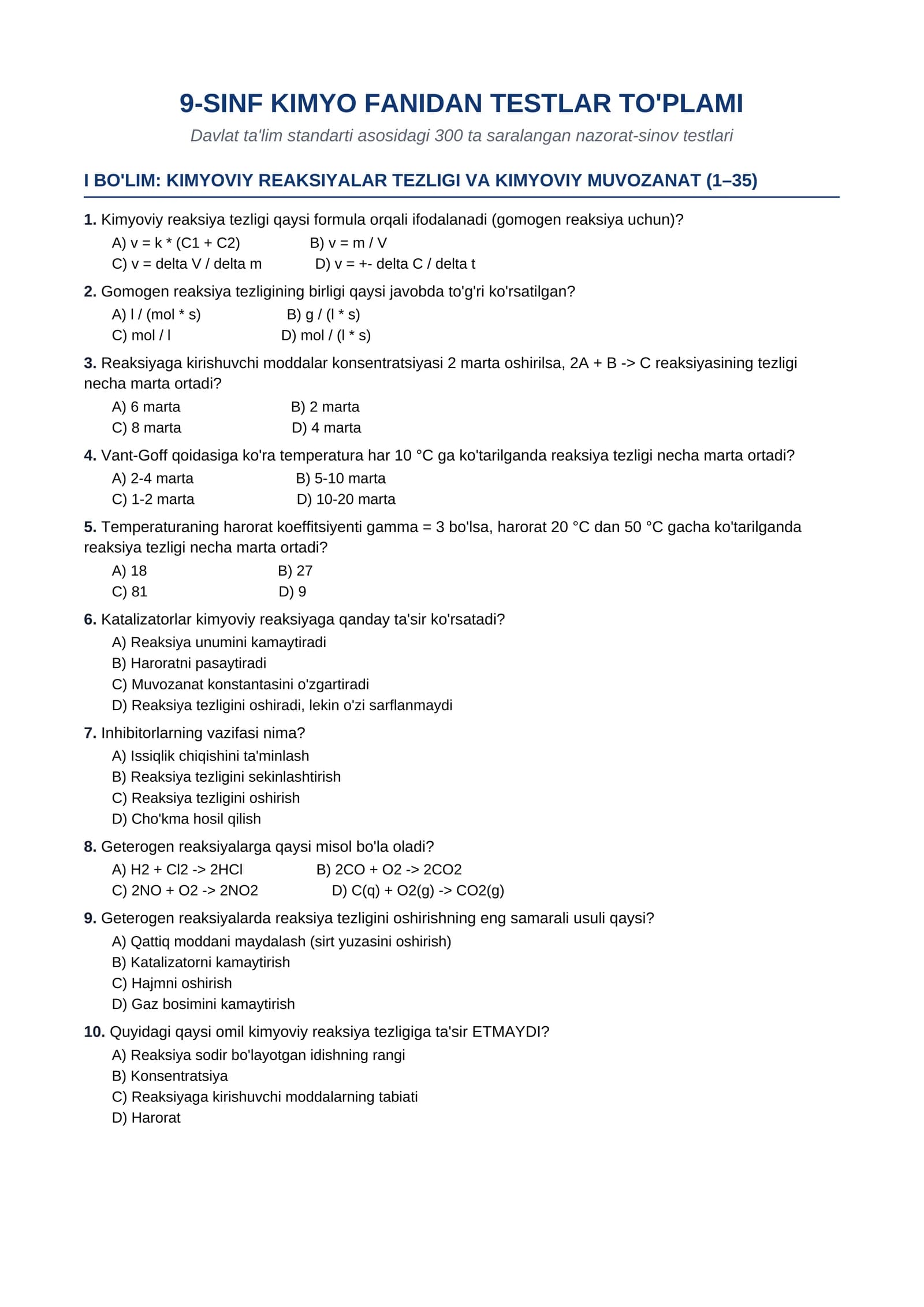 9-SINF KIMYO FANIDAN TESTLAR TO'PLAMI