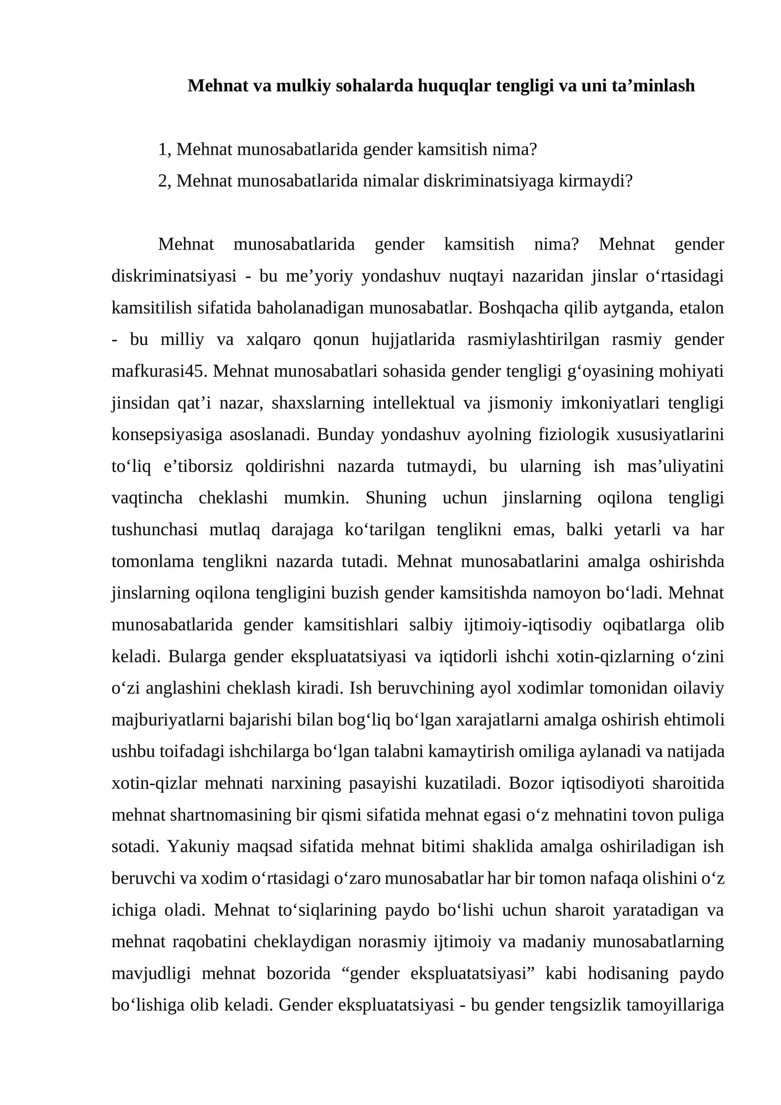 Mehnat va mulkiy sohalarda huquqlar tengligi va uni ta’minlash