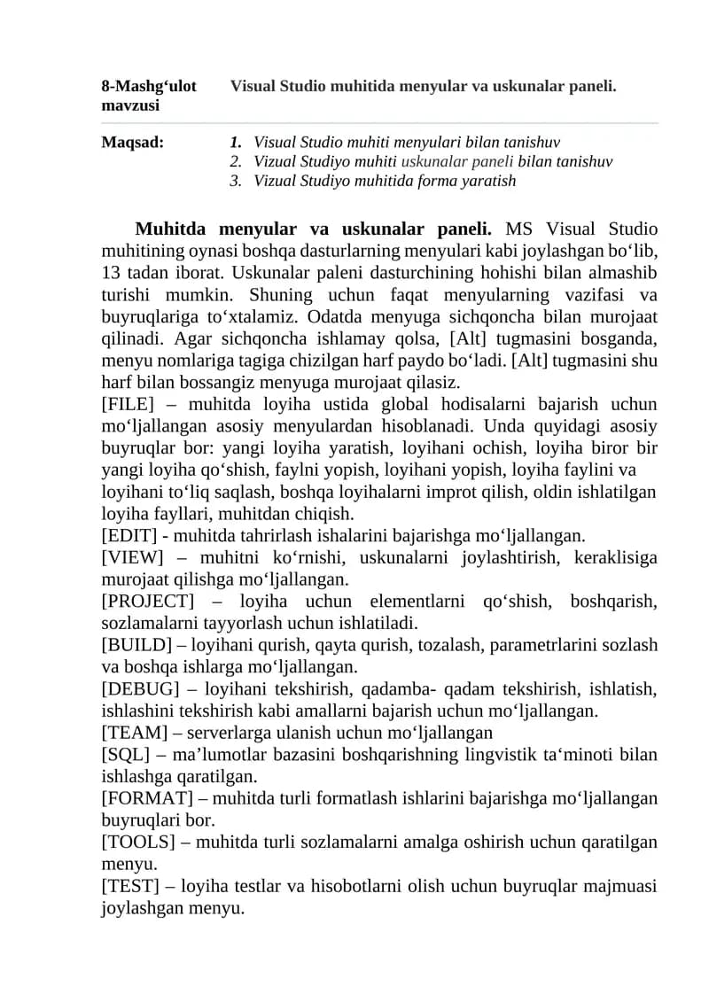 Visual Studio muhitida menyular va uskunalar paneli
