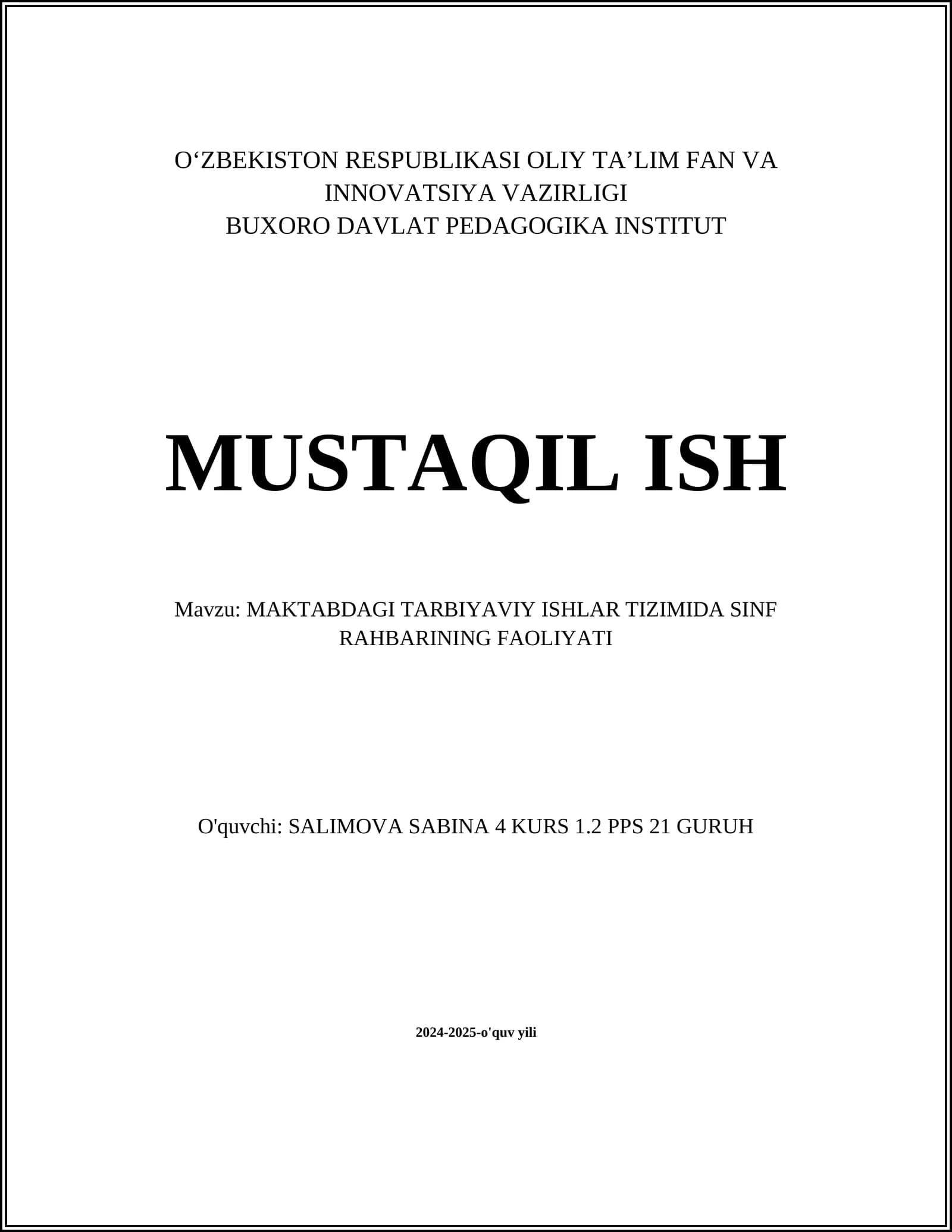 MAKTABDAGI TARBIYAVIY ISHLAR TIZIMIDA SINF RAHBARINING FAOLIYATI