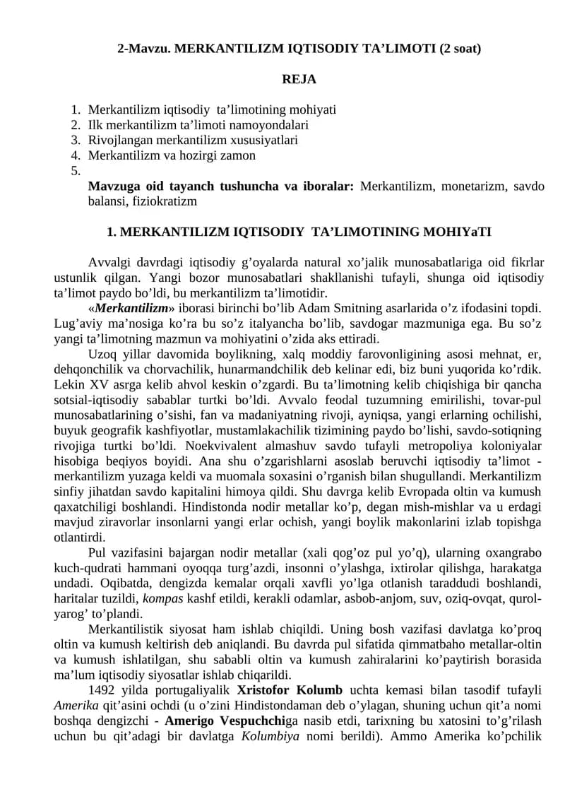 MERKANTILIZM IQTISODIY TA’LIMOTI