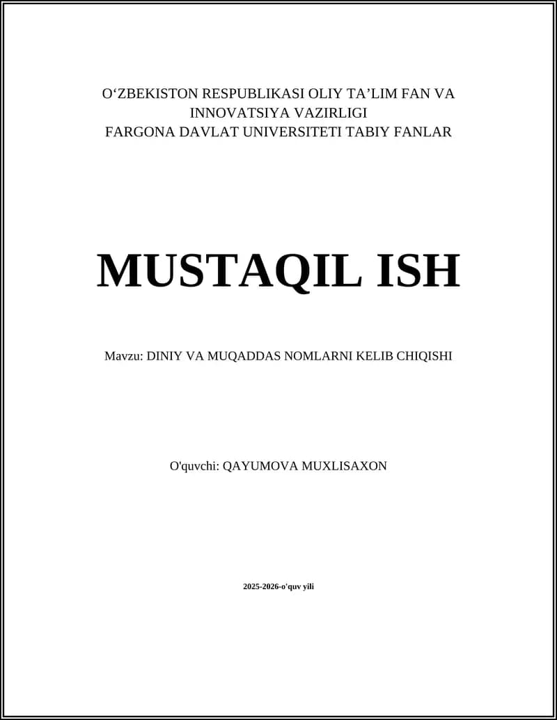 DINIY VA MUQADDAS NOMLARNI KELIB CHIQISHI