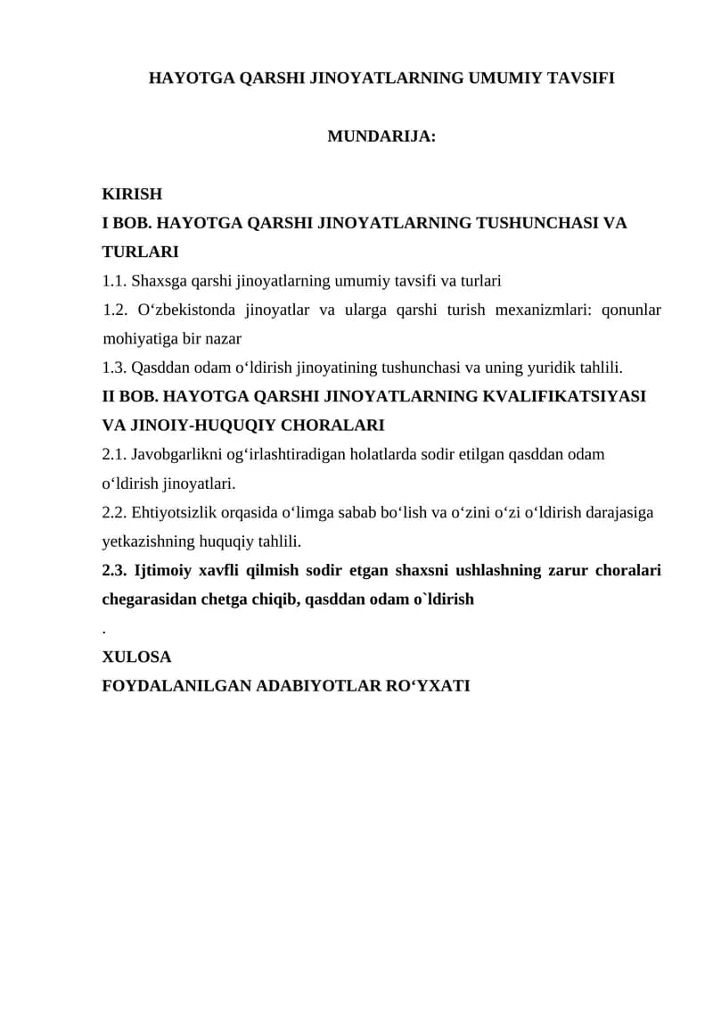 HAYOTGA QARSHI JINOYATLARNING UMUMIY TAVSIFI