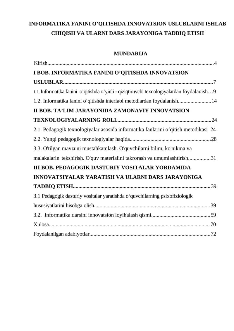 Informatika fanini o’qitishda innovatsion uslublarni ishlab chiqish va ularni dars jarayoniga tadbiq etish