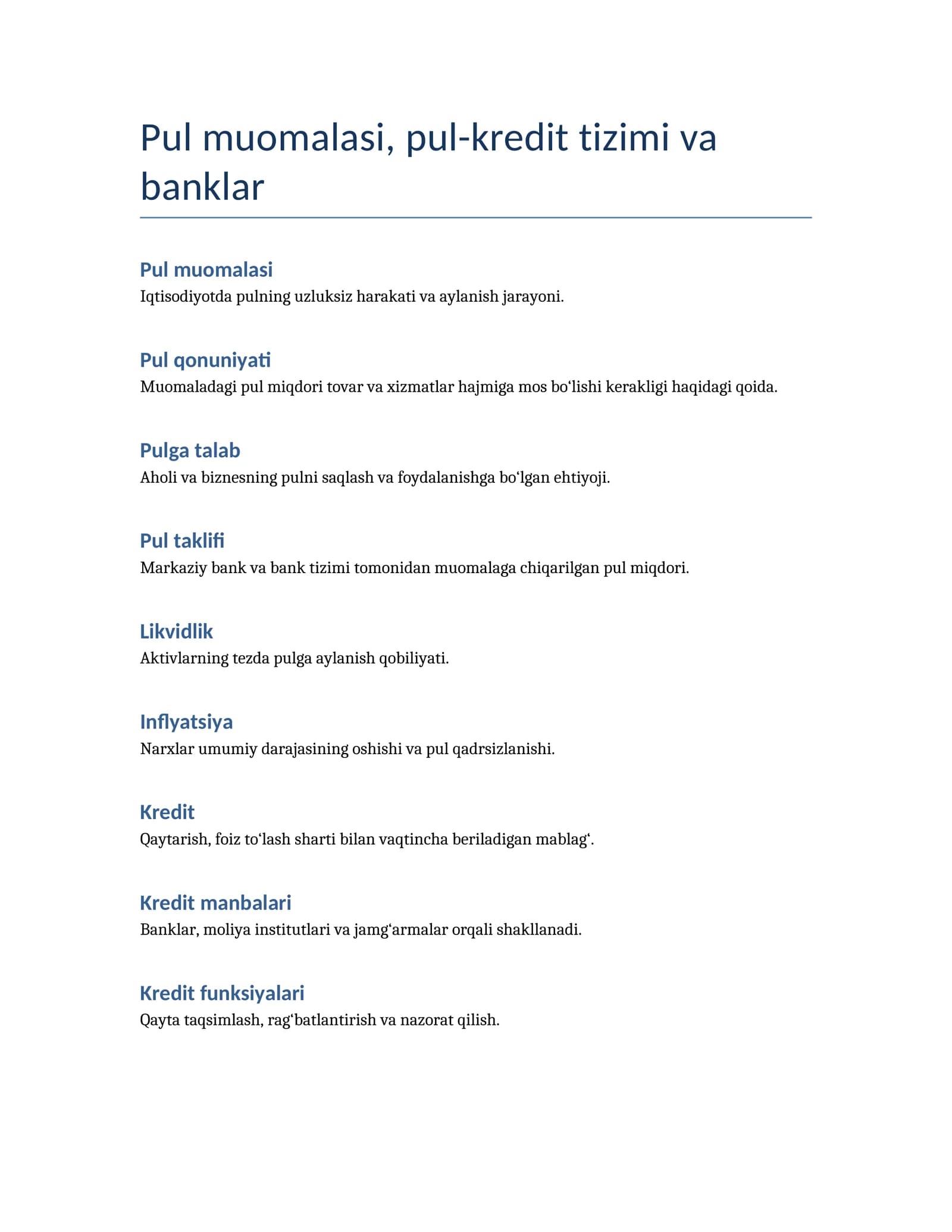 Pul muomalasi, pul-kredit tizimi va banklar