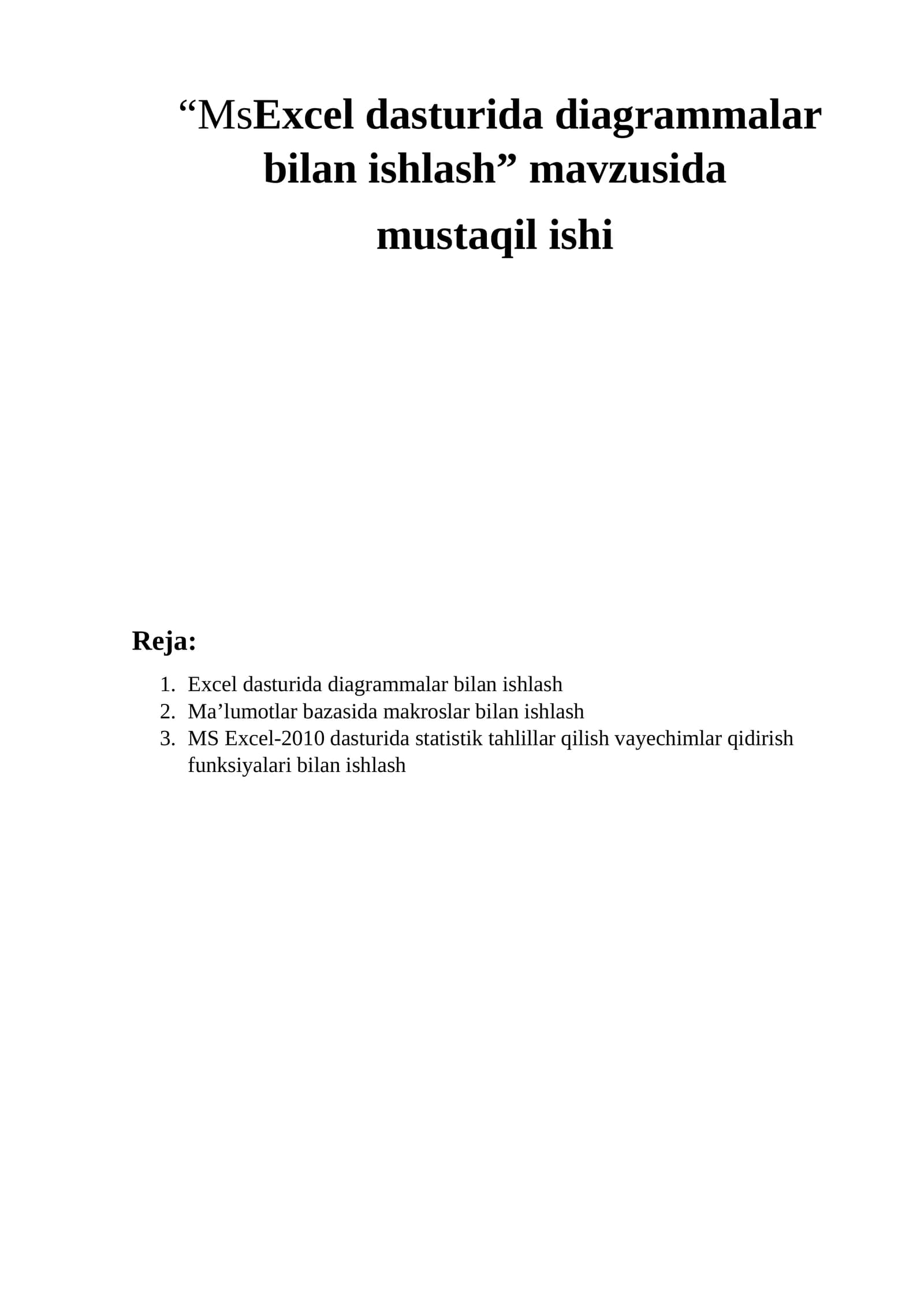 Excel dasturida diagrammalar bilan ishlash