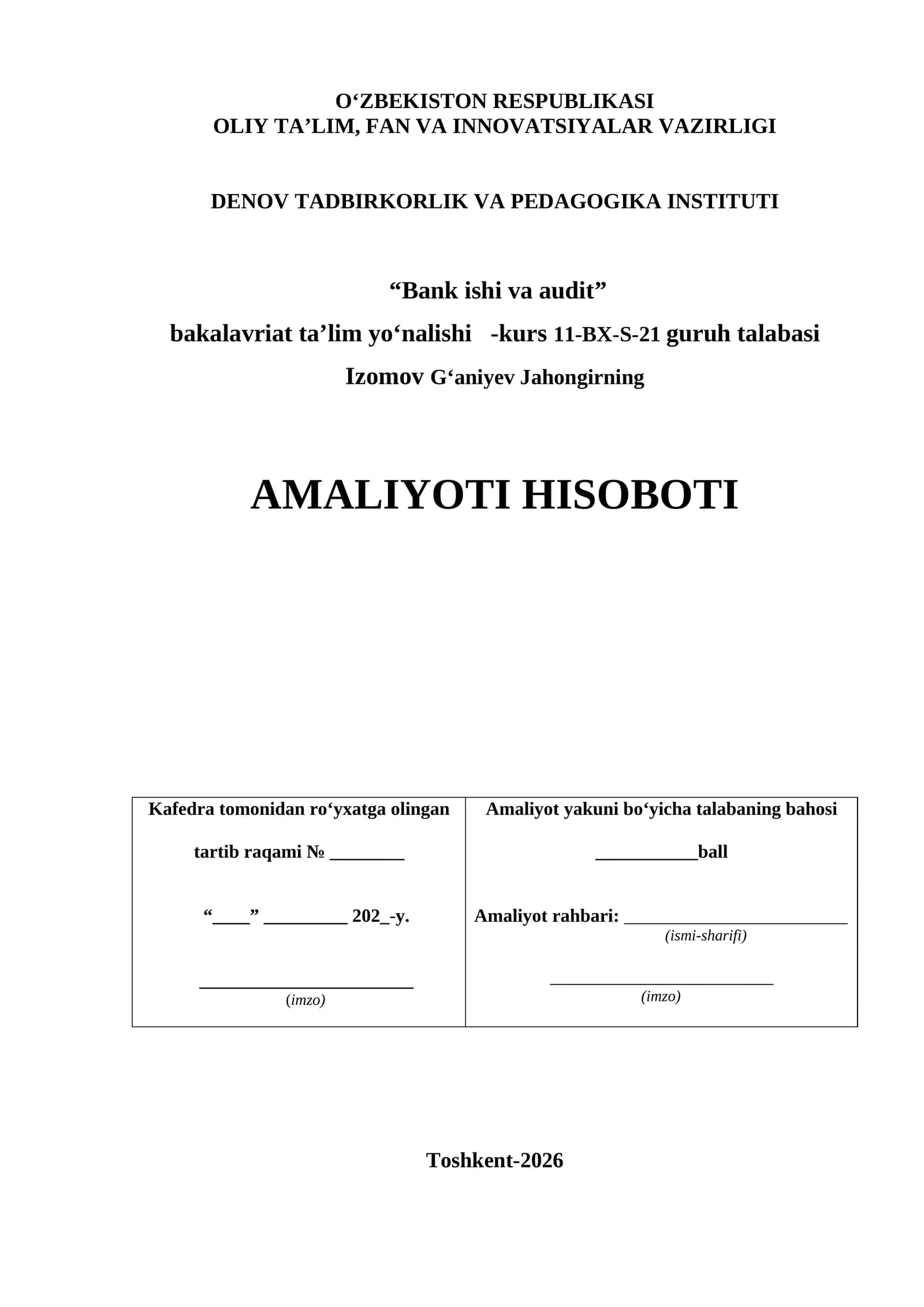 AMALIYOTI HISOBOTI. Agrobank ATB Boyovut filiali