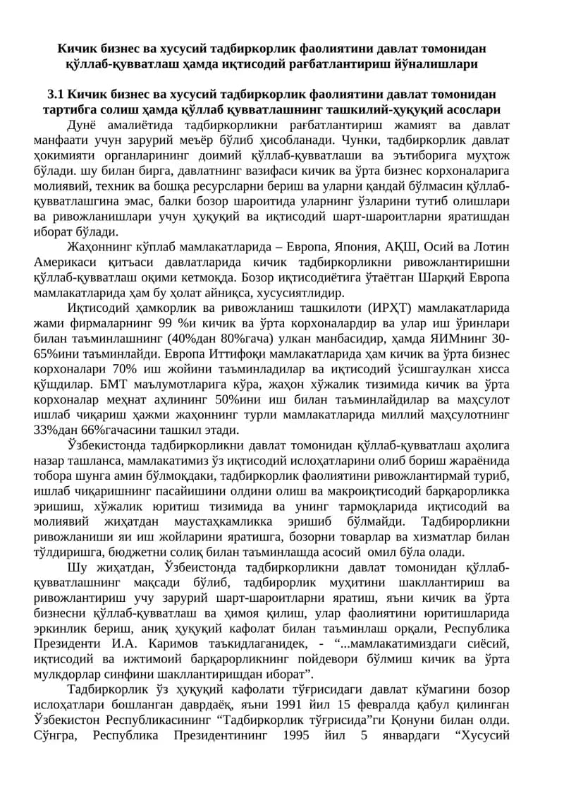 Кичик бизнес ва хусусий тадбиркорлик фаолиятини давлат томонидан қўллаб-қувватлаш ҳамда иқтисодий рағбатлантириш йўналишлари