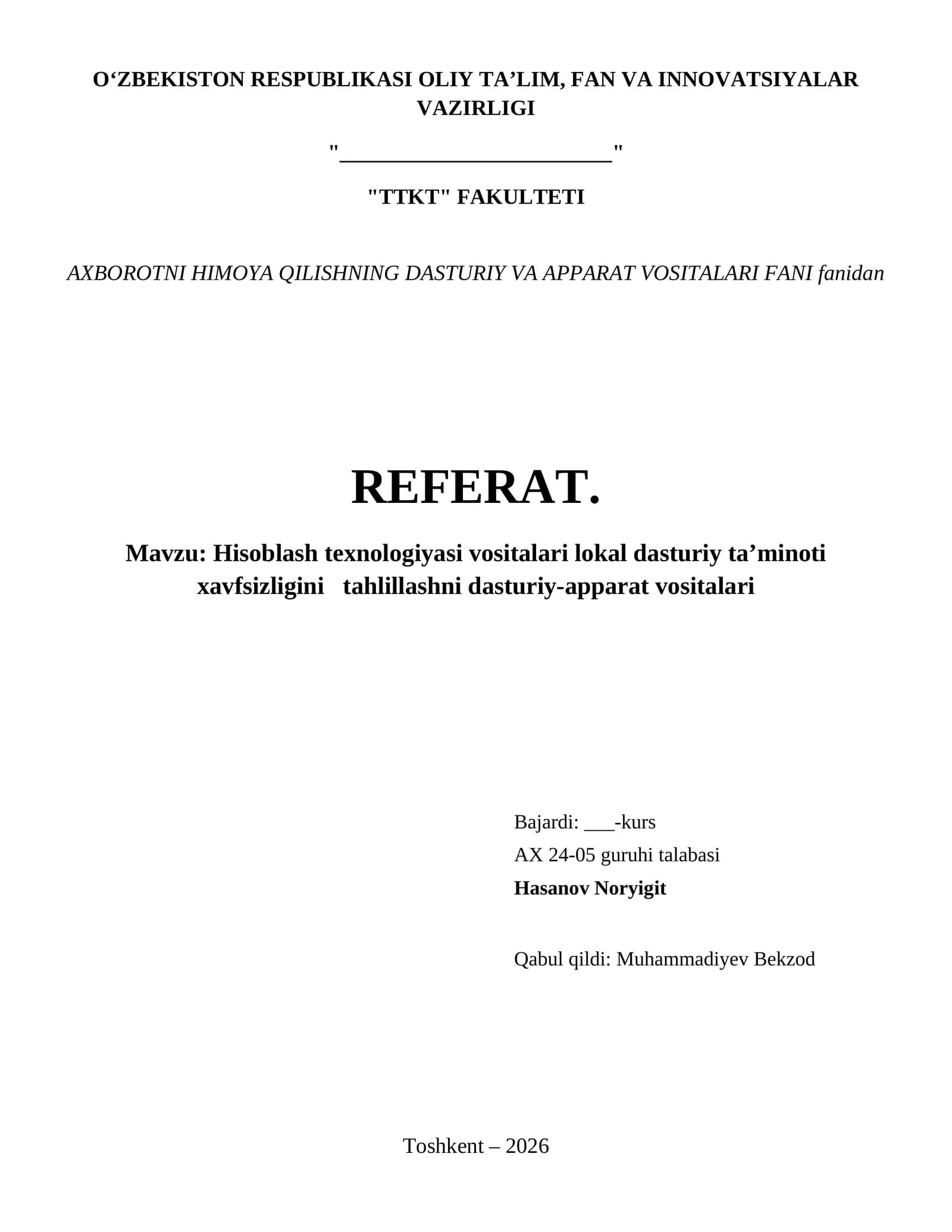 Hisoblash texnologiyasi vositalari lokal dasturiy ta’minoti xavfsizligini   tahlillashni dasturiy-apparat vositalari