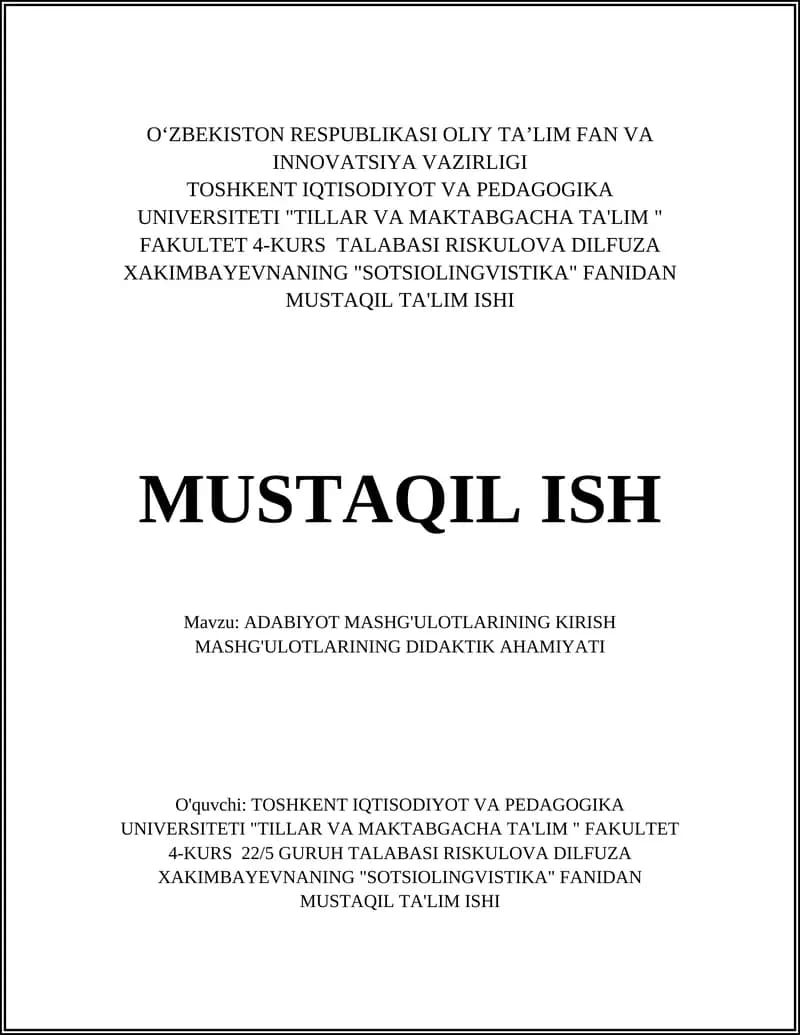 ADABIYOT MASHG'ULOTLARINING KIRISH MASHG'ULOTLARINING DIDAKTIK AHAMIYATI