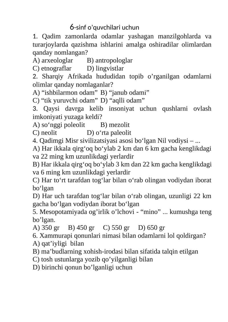 6-sinf tarix test