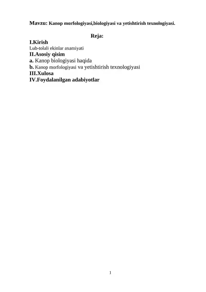 Kanop morfologiyasi,biologiyasi va yetishtirish texnologiyasi