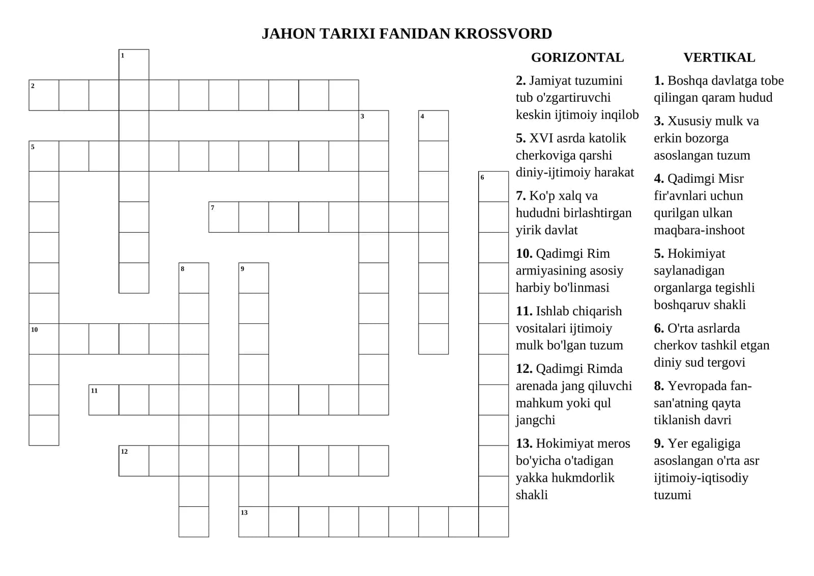 JAHON TARIXI FANIDAN KROSSVORD