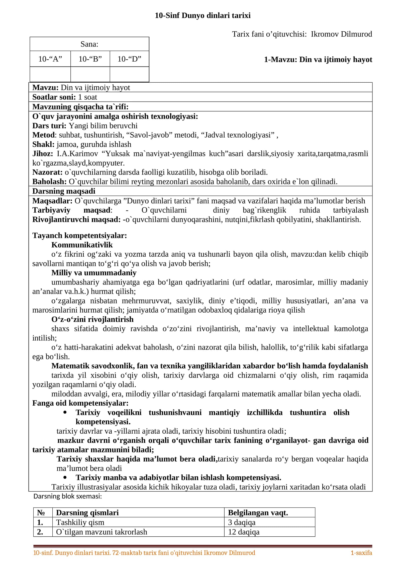 10-Sinf Dunyo dinlari tarixi