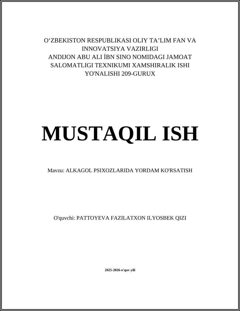 ALKAGOL PSIXOZLARIDA YORDAM KO'RSATISH