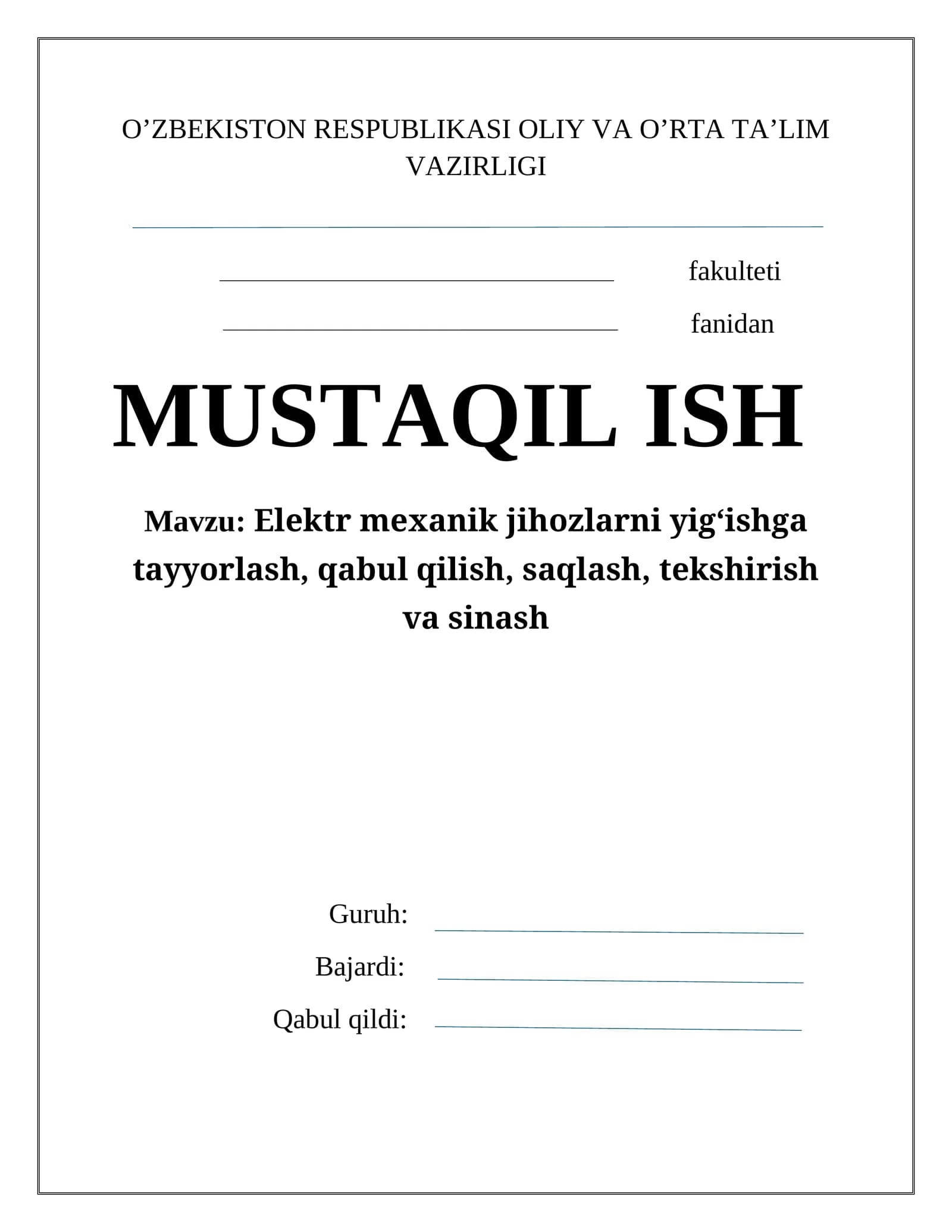 Elеktr mехanik jihozlarni yig‘ish va o‘rnatish ishlarini tashkil etish