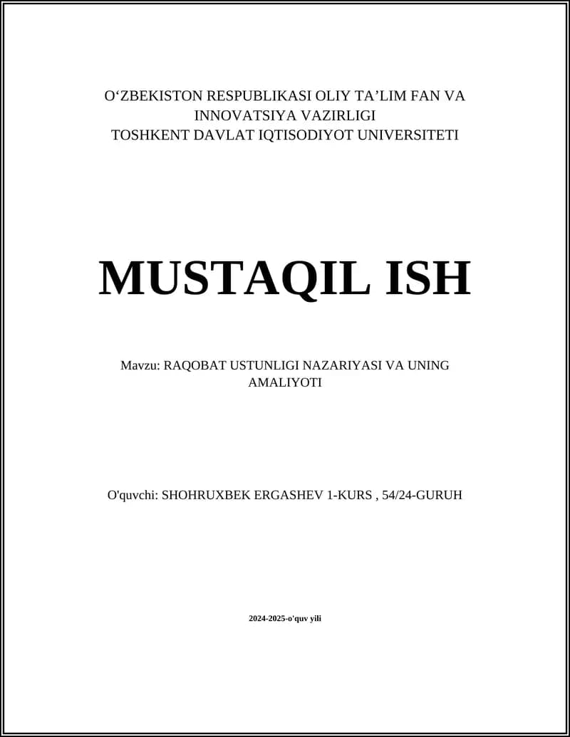 RAQOBAT USTUNLIGI NAZARIYASI VA UNING AMALIYOTI
