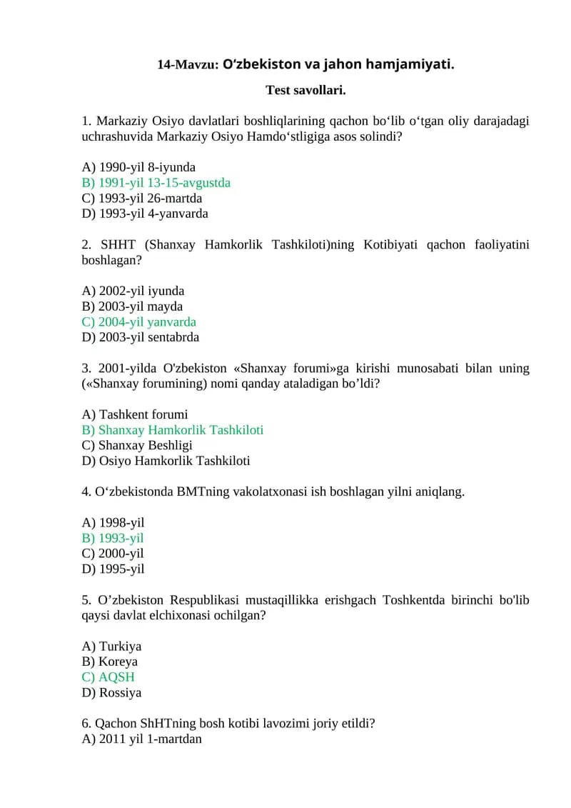 O‘zbekiston va jahon hamjamiyati Test savollari