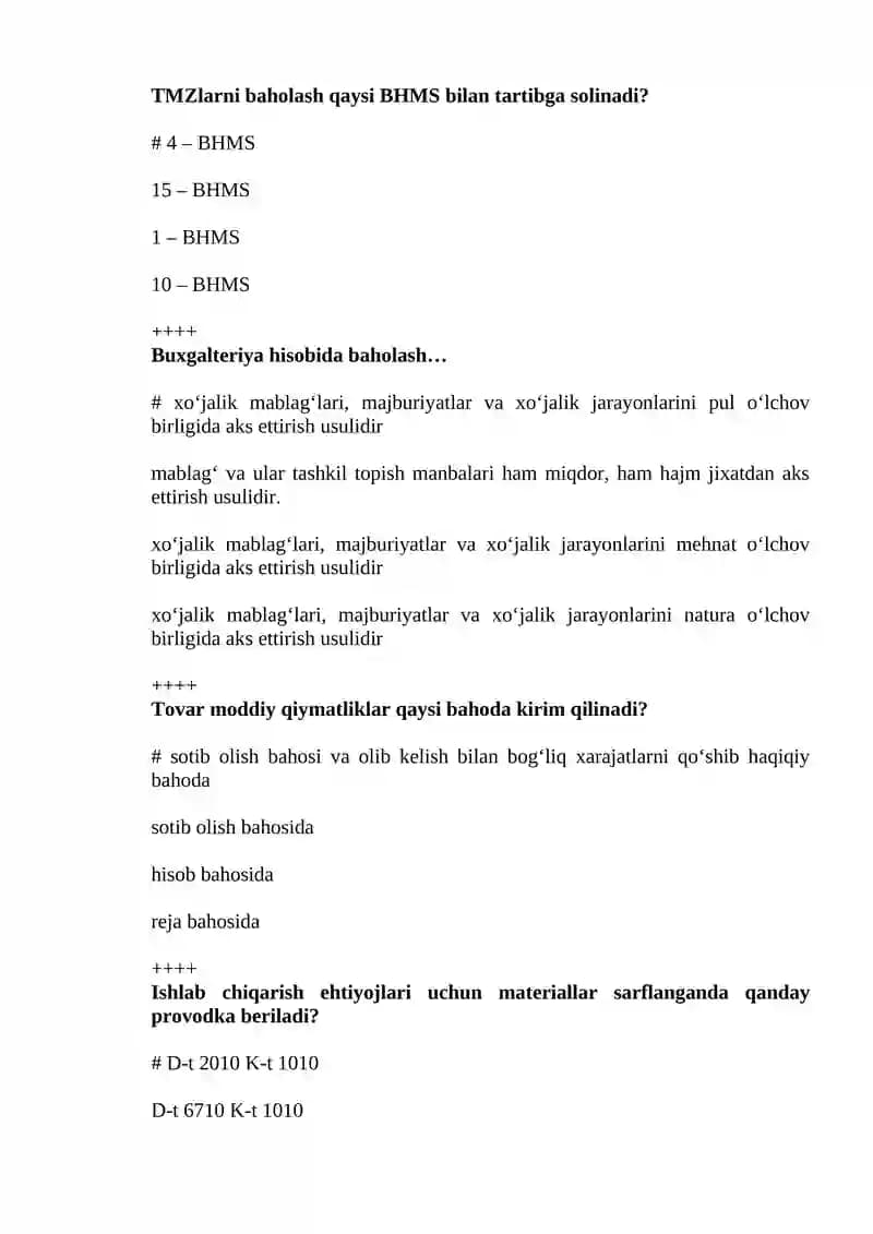 Buxalteriya fanidan yakuniy bosqichiga tushadigan savollar.